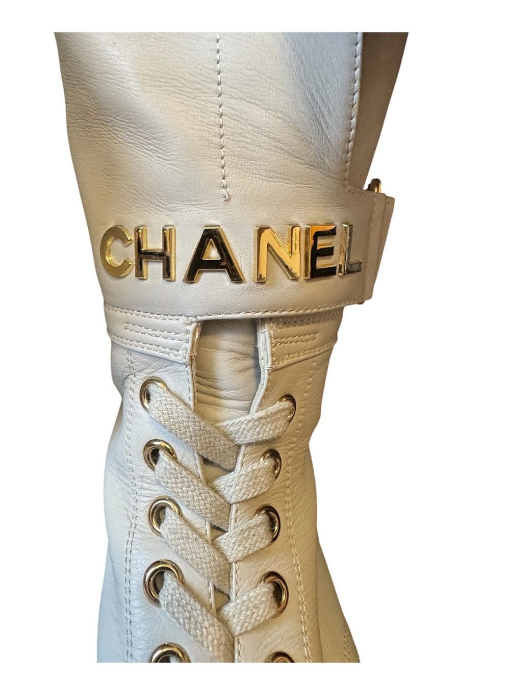 CHANEL Grey black Leather Lace-Up Boots with Black Cap Toe and Gold Logo Strap - Picture 6 of 16